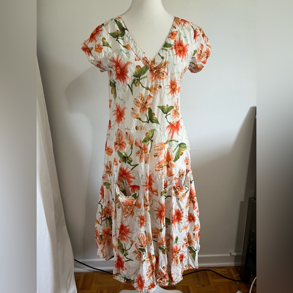 Orange and Green Puff Sleeve V-Neck Midi Sundress